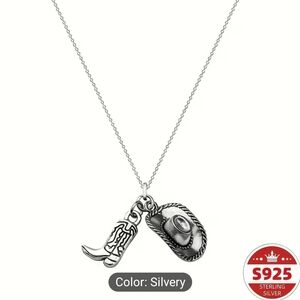 Sterling Silver Cowgirl Hat & Boot Charm Necklace - Silvery